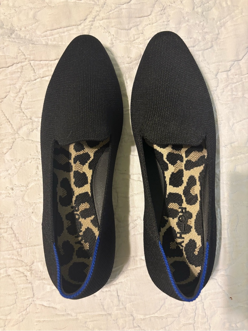 Rothy's Black Knit Slip-On Flats with Leopard Insole and Blue Trim - Picture 6 of 9